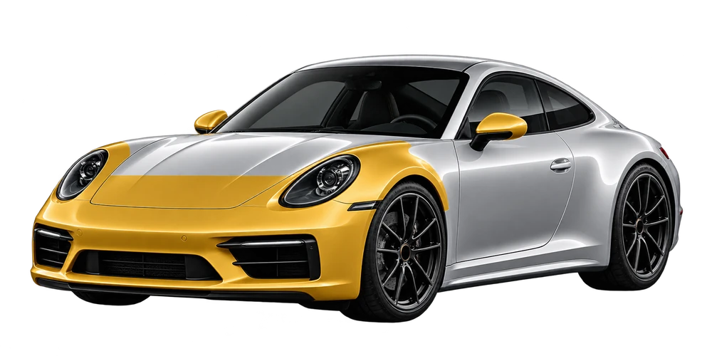 Partial Front PPF coverage diagram: partial hood, partial fenders, front bumper and mirrors highlighted in gold.
