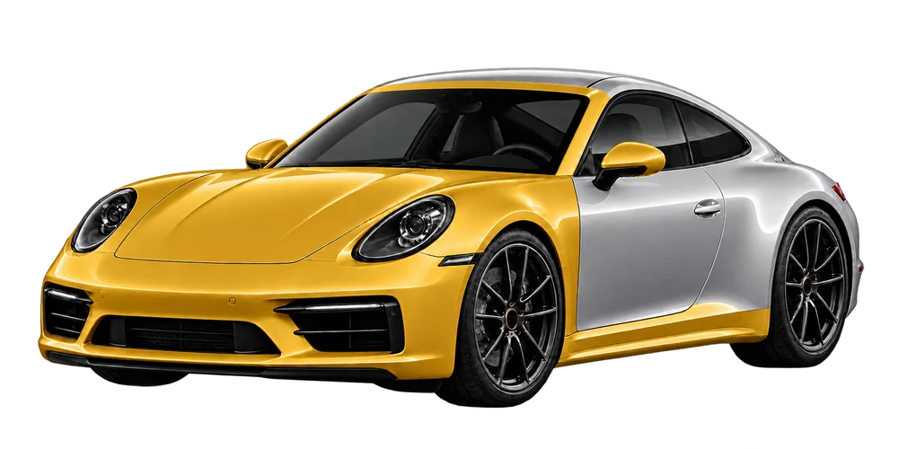 Track Pack PPF coverage diagram: full front, mirrors, A-pillars, roof edge and rocker panels highlighted in gold.